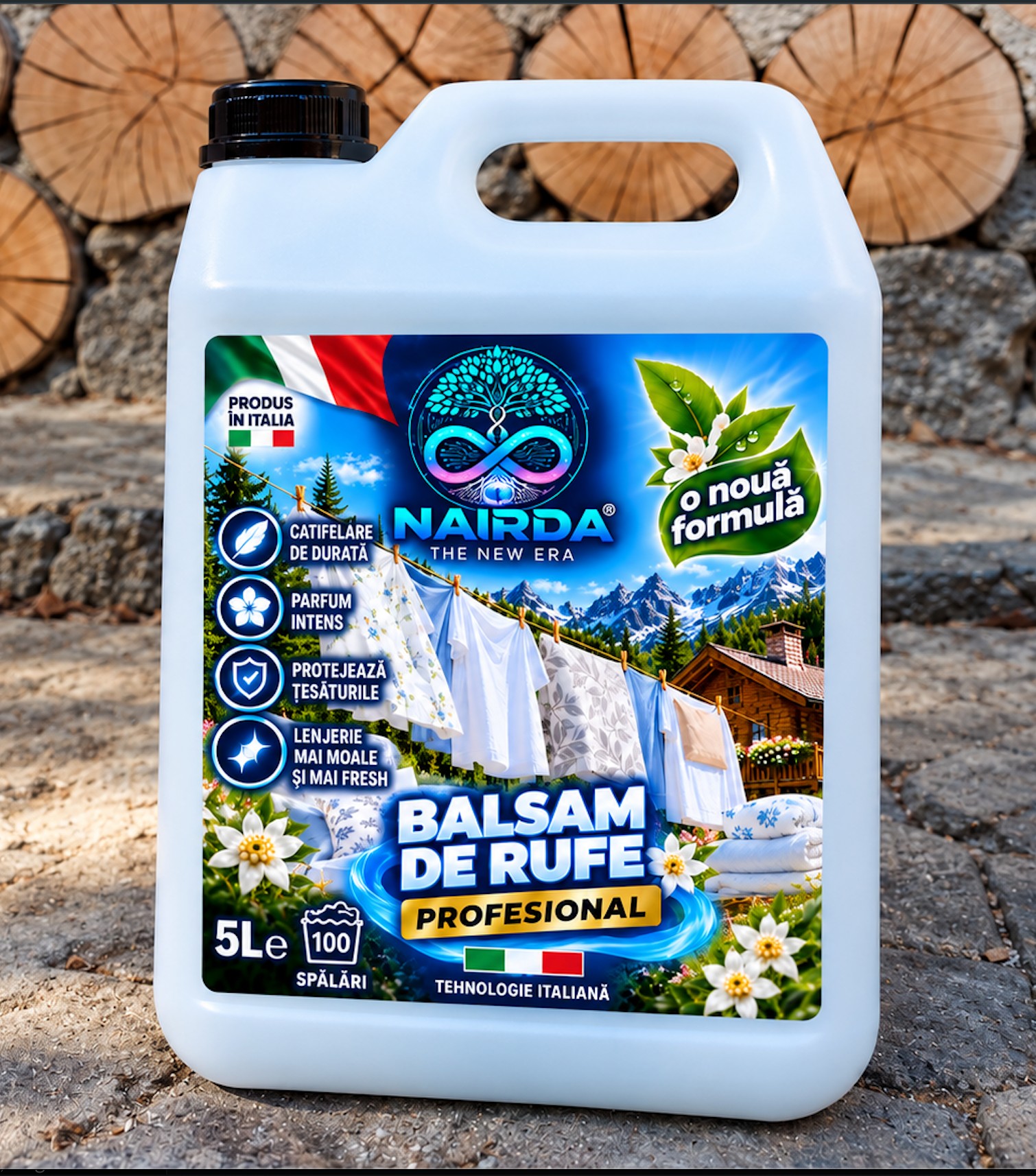 Bidon alb NAIRDA Balsam de rufe de 5 litri, cu etichetă albastră și fundal rustic
