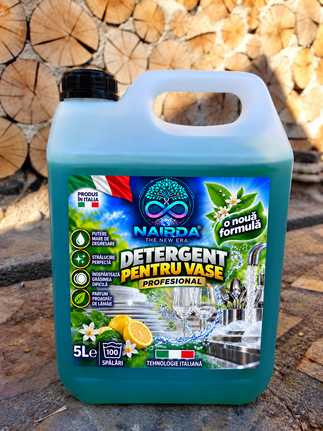 Bidon turcoaz NAIRDA detergent de vase cu lămâie și busuioc, de 5 litri, cu fundal rustic